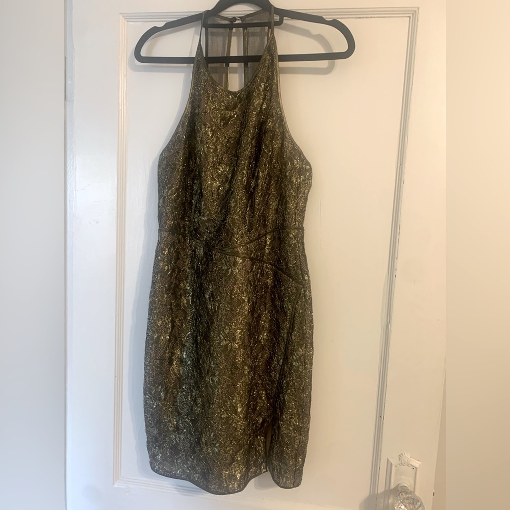 Olive green gold lace cocktail dress in size 4